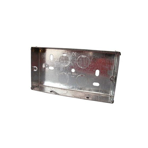 A silver galvanised metal electrical box with multiple knockout holes and mounting lugs.